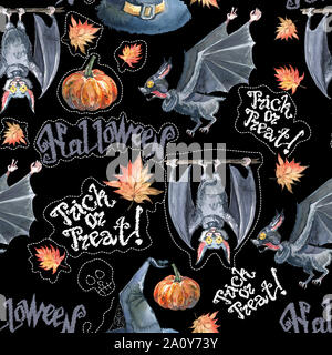 Halloween seamless pattern with halloween pumpkin and bat. Cute naive watercolor pattern. Themed illustration for the autumn holiday for use on postca Stock Photo