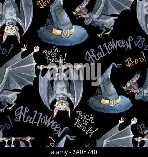 Halloween seamless pattern with halloween bat, lettering and witch hat . Cute naive watercolor. Themed illustration for the autumn holiday for use on Stock Photo