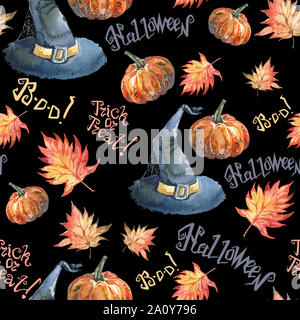 Halloween seamless pattern with halloween pumpkin, autumn maple leaves, lettering and witch hat. Cute naive watercolor. Themed illustration for the au Stock Photo