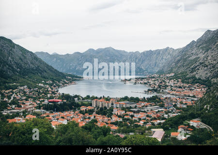 Beautiful view of the Bay of Kotor in Montenegro. Aerial view of the mountains, the sea and the city of Kotor. Stock Photo