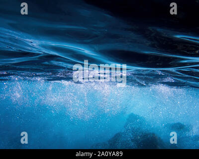 Blue tropical needlefish swim in bubbles just below surface of blue ocean.  Underwater image taken in Hawaii. Stock Photo