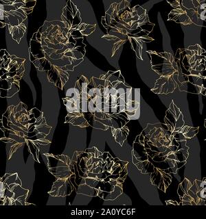 Vector Exotic Zebra print with floral botanical flowers. Black and white engraved ink art. Seamless background pattern. Fabric wallpaper print texture Stock Vector