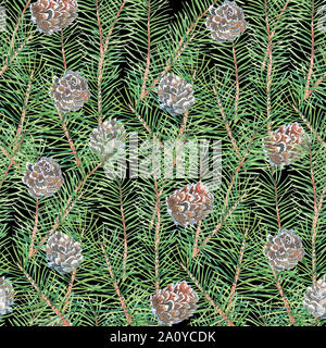 watercolor pattern with tree branches, pine, pine cone, abstract green pattern. Themed illustration for the Christmas holiday for use on postcards, po Stock Photo