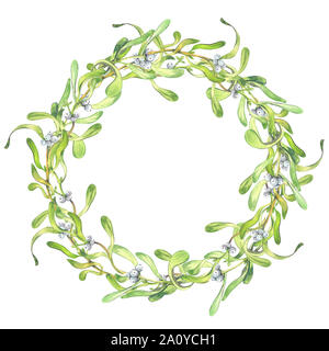 Christmas wreath frame of a mistletoe painted in watercolor on a white background with inscription Merry kisses and warmest wishes. Themed illustratio Stock Photo