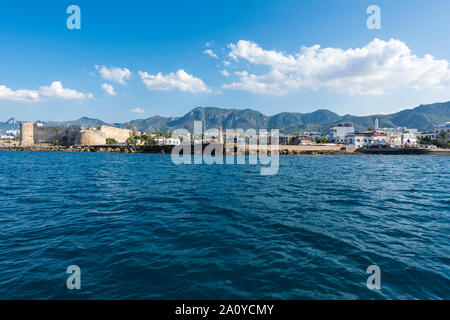 Beautiful view of Kyrenia ( Girne) old harbor and castle. Stock Photo