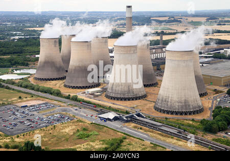 Class 158 passes East Midlands Parkway and Ratcliffe Power Station. Stock Photo