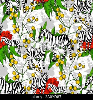 Vector Exotic zebra print wild animal isolated. Black and white engraved ink art. Seamless background pattern. Fabric wallpaper print texture. Stock Vector