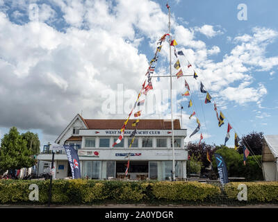 WEST MERSEA, ESSEX, UK - AUGUST 31, 2018:  The Yacht Club on the River Blackwater Stock Photo