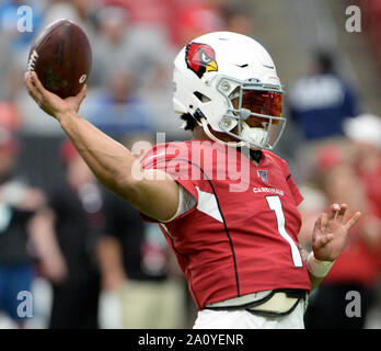 Glendale, USA. 22nd Sep, 2019. Arizona Cardinals' quarterback Kyler throws a pass as he warms up before the Cardinals play the Carolina Panthers at State Farm Stadium in Glendale, Arizona on Sunday, September 22, 2019. Photo by Art Foxall/UPI Credit: UPI/Alamy Live News Stock Photo