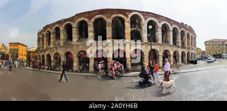 Verona amphitheatre. Roman Arena in Verona, Italy - Watercolor style. Stock Photo