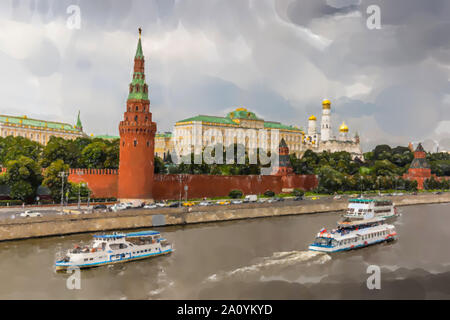 View of the Moscow Kremlin, Russia - Watercolor style. Stock Photo