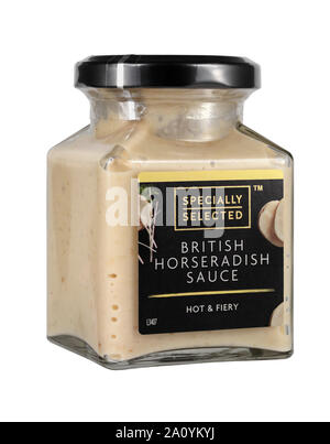 A jar of Specially Selected British Horseradish Sauce Hot and Fiery isolated on a white background Stock Photo