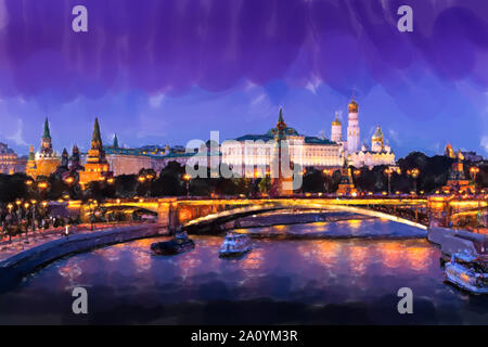 Illuminated Moscow Kremlin, Kremlin Embankment and Moscow River at night in Moscow, Russia. Watercolor style. Stock Photo