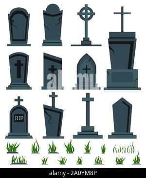 RIP grave tombstone set with green grass for halloween design isolated on white background Vector flat illustration. Stock Vector