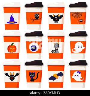 Vector flat design set of paper coffee or tea cups decorated cartoon character with Halloween concept isolated on white background. Stock Vector