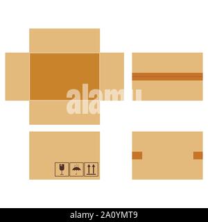 Vector flat design cartoon style illustration cardboard parcels set with packaging sings taped with tape isolated on white background. Stock Vector