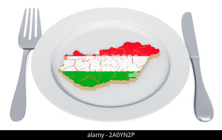 Hungarian cuisine concept. Plate with map of Hungary. 3D rendering Stock Photo