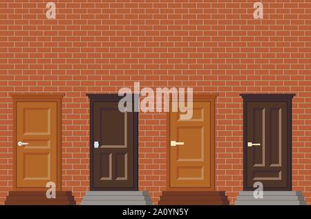 Vector flat design house various type doors with doorstep icon set. Entrance doors isolated on red brick wall backgroud. Stock Vector