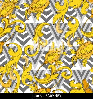 Vector Golden monogram floral ornament. Baroque design isolated elements. Black and white engraved ink art. Seamless background pattern. Fabric wallpa Stock Vector