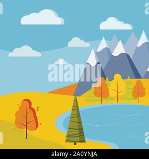 Beautiful autumn day lake landscape with mountains, trees and fall leaves, spruces , meadows, grass, sky, clouds in flat Stock Vector