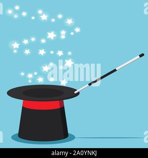 Vector flat design cartoon style illustration magic black hat with magic wand and magical glow stars sparkles isolated Stock Vector