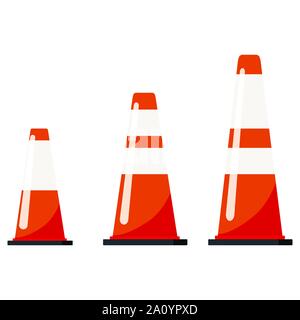 Vector flat design illustration of traffic orange color cones set with reflective stripes stickers isolated on white background. Stock Vector