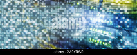 Binary code on datacenter background. Cyber space concept. UniqueTechnology Wallpaper. Stock Photo