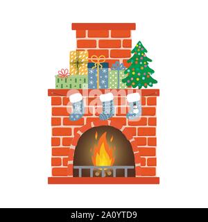 Red brick fireplace with socks, christmas tree and gifts . Happy new year decoration. Merry christmas holiday. New year and xmas celebration. Stock Vector