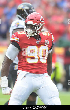 Kansas City, Missouri, USA. 22nd Sep, 2019. Kansas City Chiefs defensive  end Emmanuel Ogbah (90) reacts to his second half sack during the NFL  Football Game between the Baltimore Ravens and the