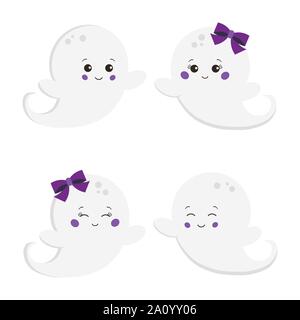 Vector illustration set of flat cute sweet cartoon smiling boy and girl ghost isolated on white background. Stock Vector