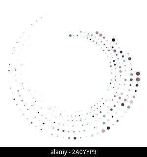 Random dotted, dots, halftone speckles concentric circle.Spiral, swirl, twirl element.Circular and radial lines volute, helix.Segmented circle with ro Stock Vector