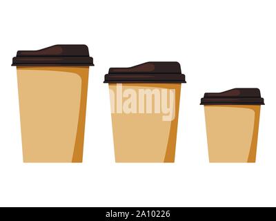 Isolated on white background disposable paper coffee cup with cap sizes set small, medium, large, mock up template. Stock Vector