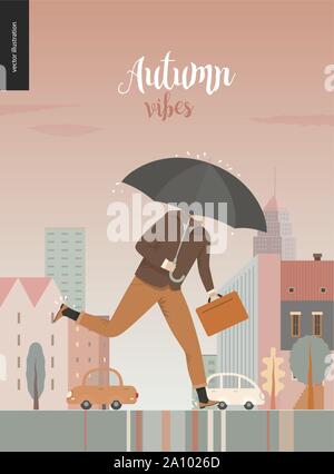 Rain - running businessman -modern flat vector concept illustration of an adult man wearing suit, with an umbrella and suitcase, running under the rai Stock Vector