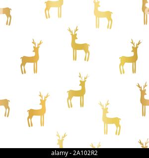 Gold foil deer silhouettes seamless vector background. Repeating pattern metallic golden deer on white backdrop. Simple elegant Christmas design for Stock Vector