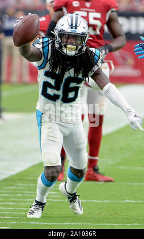 Glendale, USA. 22nd Sep, 2019. Carolina Panthers' cornerback Donte Jackson starts to celebrate intercepting a pass in the fourth quarter against the Arizona Cardinals at State Farm Stadium in Glendale, Arizona on Sunday, September 22, 2019. The Panthers defeated the Cardinals 38-20. Photo by Art Foxall/UPI Credit: UPI/Alamy Live News Stock Photo