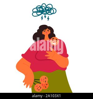 Woman holds and wear masks with different emotions Stock Vector