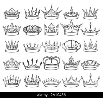 Doodle crowns. Sketch crown of queen or king icons set. Vector illustration. Stock Vector