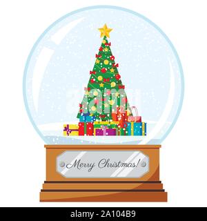 Vector flat cartoon style Christmas and New Year design cute crystal snow globe toy with decorated xmas tree and gifts Stock Vector
