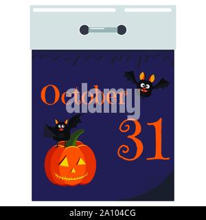 Vector flat cartoon style illustration of 31 october day tear-off paper wall calendar with halloween characters. Stock Vector