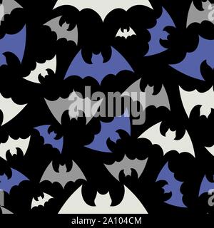 Vector pattern background with bats silhouettes for halloween design. Happy Halloween. Seammles pattern swarm of bats on the black background. Stock Vector