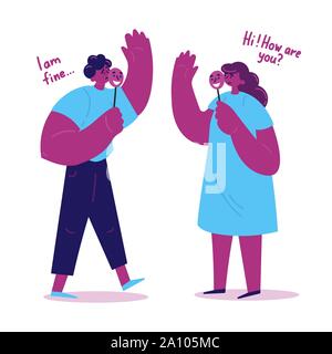girl and guy wearing masks.Say hi to each other Stock Vector