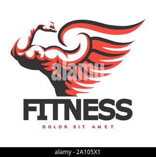 Fitness Emblem with Muscular arm. Bodybuilding, Fitness, Gym concept. Emblem Graphics. Vector illustration. Stock Vector