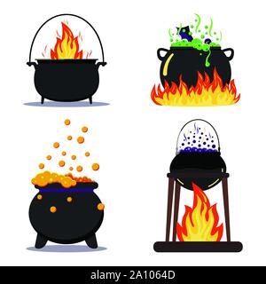 Flat design vector illustration set black halloween witches cauldron with green, orange, purple poison potion isolated. Stock Vector