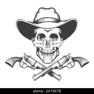 Skull in a western hat and a pair of crossed hand guns drawn in tattoo style. Vector illustration. Stock Vector