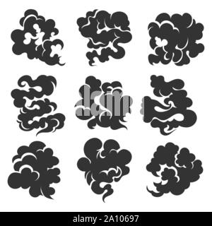 Black Smoke Set on a White Background Decorative Element Design Style Different Types. Vector illustration Stock Vector