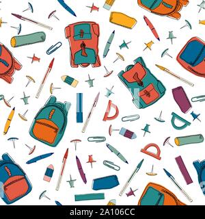 Colorful hand drawn seamless pattern made of stationery items. Vector illustration with school items for wrapping paper, backgrounds, wallpapers, etc. Stock Vector