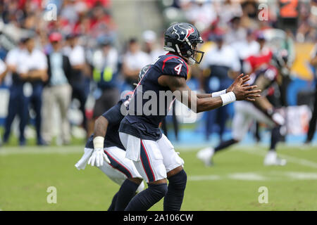 Houston Texans safety A.J. Moore Jr. (33) heads onto the field before the  start of an NFL football game against the Los Angeles Chargers, Sunday,  September 22, 2019 in Carson, Calif. The