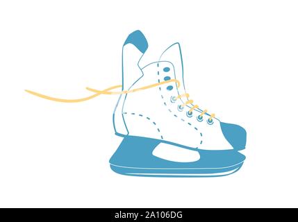 Ice Skates for Hockey with bright laces in line style. Sport equipment logo. Side view. Vector Illustration isolated on white background. Stock Vector