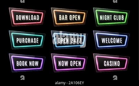 Download, Bar Open, Night Club, Purchase, Open 24 7, Welcome, Book Now, Casino neon signs set on black background. Color led web button. Glossy rectan Stock Vector