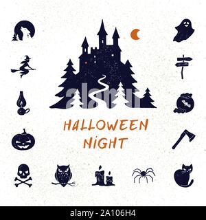 Halloween night vector set of modern simple retro-style icons for decoration and printing. Stock Vector